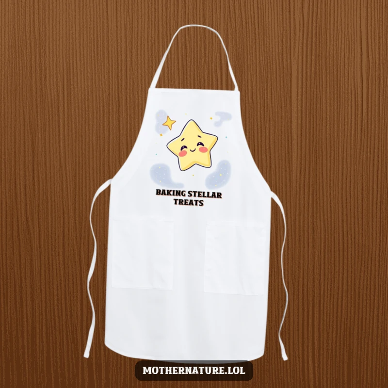 Funny Apron with a giggling star character winking from a night sky background, great for kitchen humor and protection.