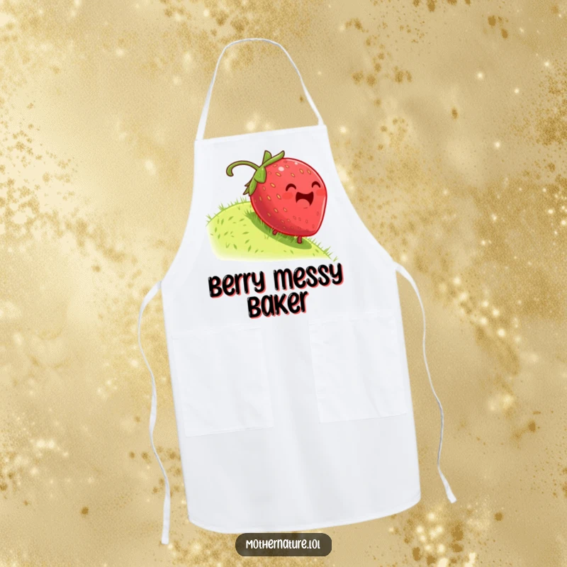Funny apron featuring a plump, dizzy strawberry rolling down a grassy hill, perfect attire for a joyful cook.