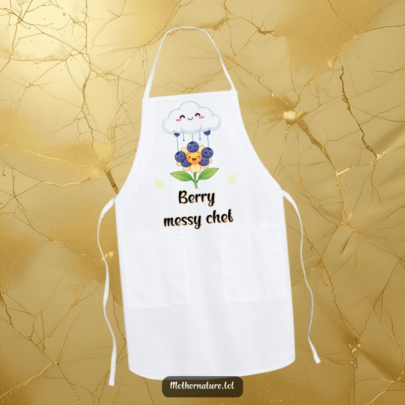 Funny cheerful cloud apron, raining smiling blueberries onto a happy flower, humorous kitchen wear, sweet baking gift.