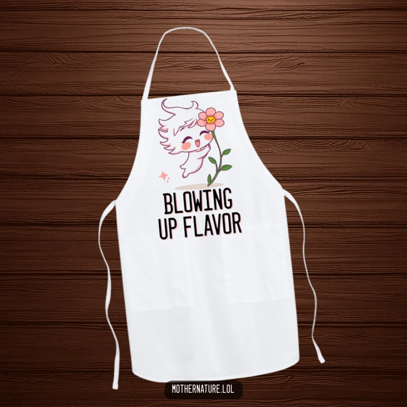 Funny apron with a playful wind gust character tickling a surprised flower, ready to add a gust of fun to meal prep.