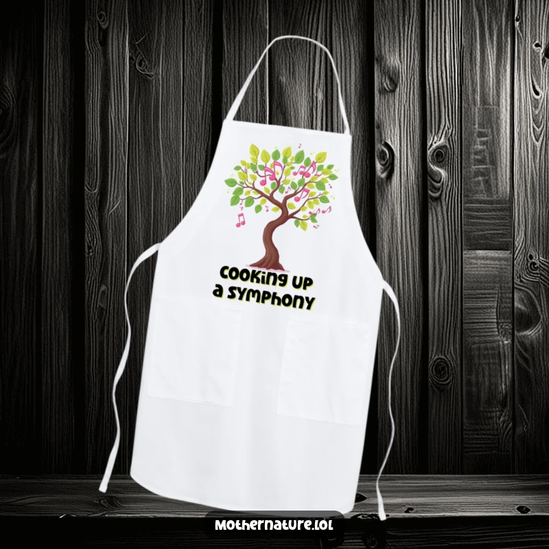Funny musical tree branch apron, leaves shaped like dancing musical notes, humorous kitchen wear, artistic baking gift.