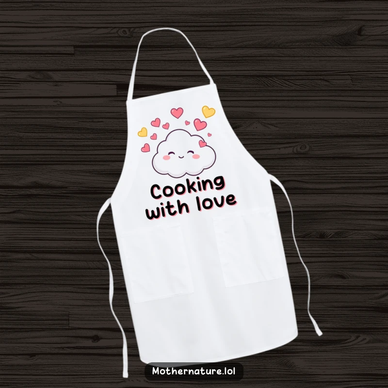 Funny Apron with a tiny, cute cloud character giggling while raining colorful hearts, bringing adorable fun to cooking.