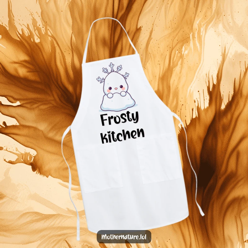 Funny apron with a shy snowdrift character peeking out from behind a happy snowflake. Durable and cute.