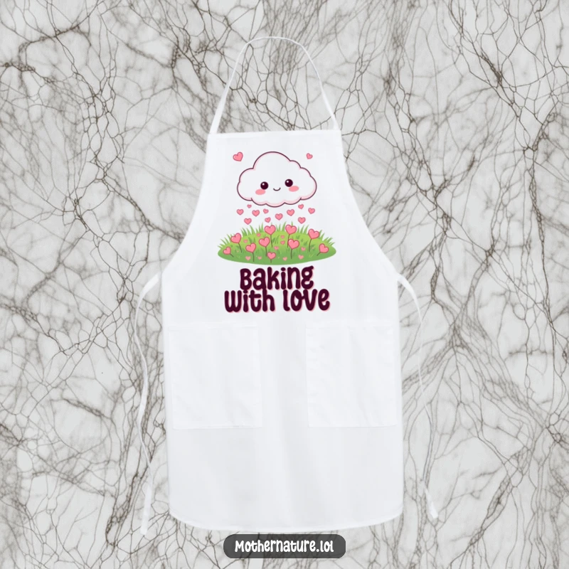 Funny apron with a cloud character raining tiny hearts onto a meadow, ideal for cooks.
