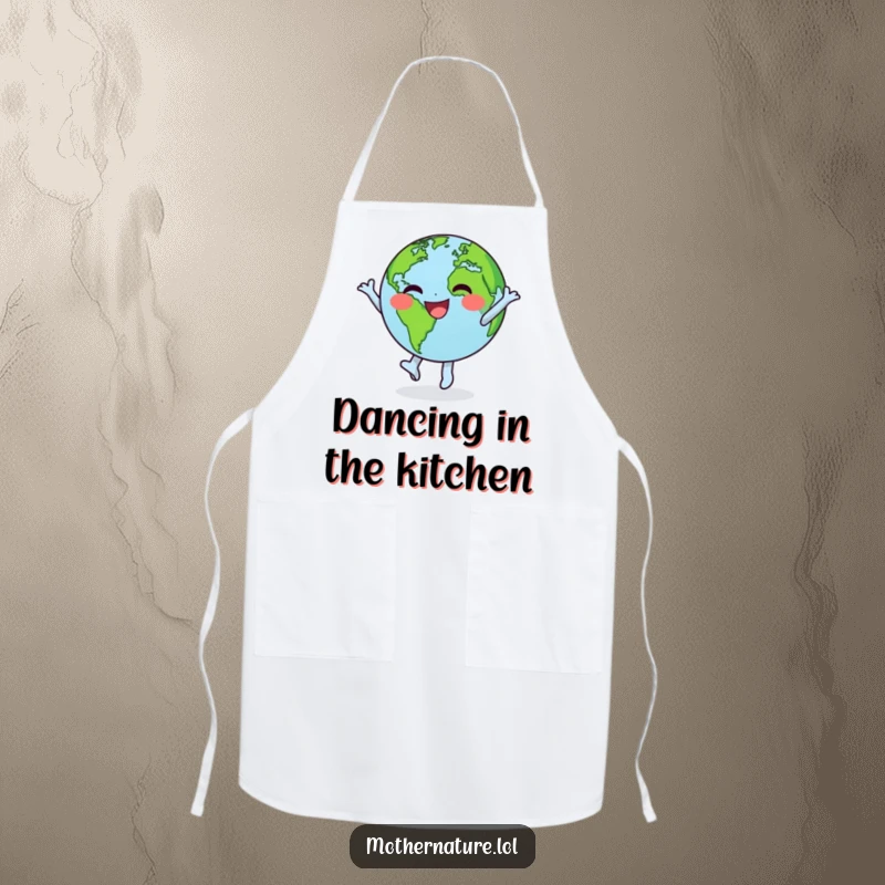 Funny apron illustrating a happy little Earth character doing a joyful, spinning dance with its green continents clearly visible.