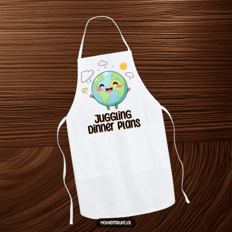 Funny Earth apron showing a smiling Earth character juggling rain clouds and sunshine, perfect for a cheerful kitchen.
