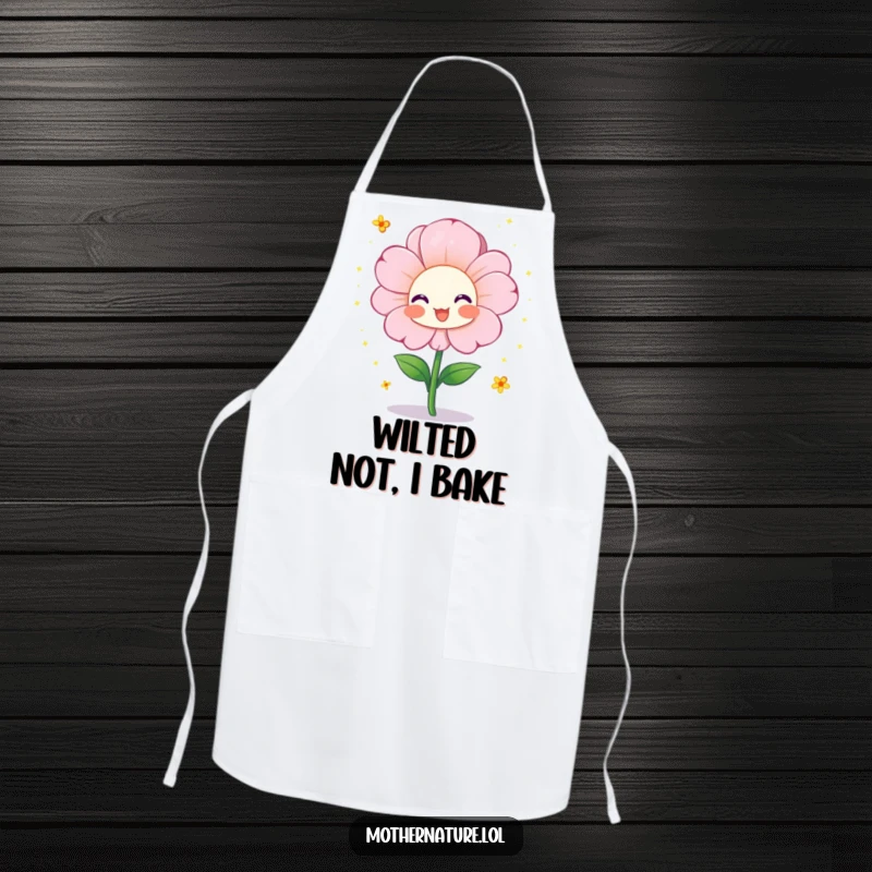 Funny apron featuring a cheerful flower character blooming vibrantly and showering tiny pollen sparkles, perfect for kitchen creativity and humor.