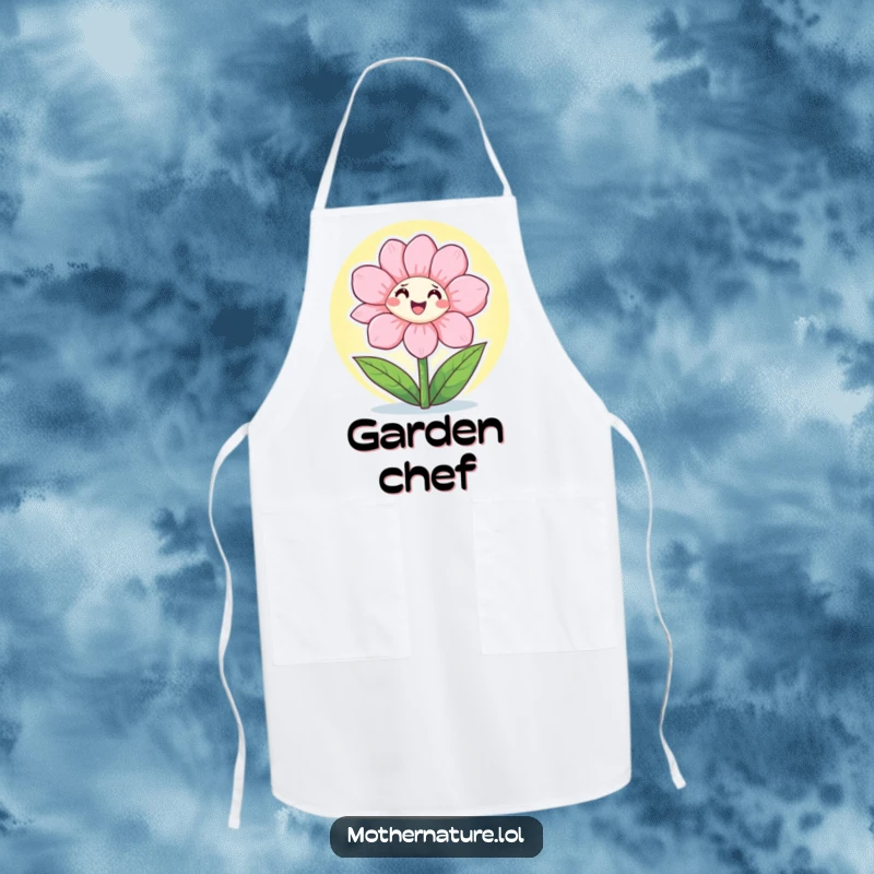 Funny Apron showing a happy flower character opening its petals to the warm sunshine, perfect for a cheerful cook.