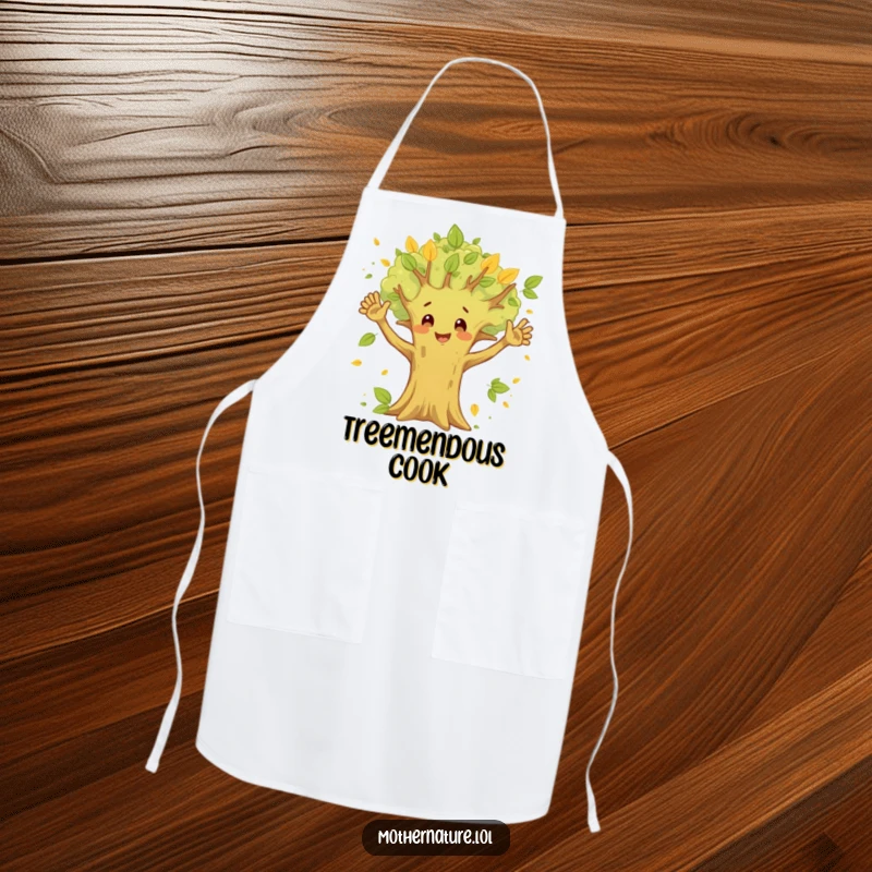 Funny Happy Tree Apron showing a happy tree waving branches, surrounded by leaves, ideal for garden or kitchen fun.