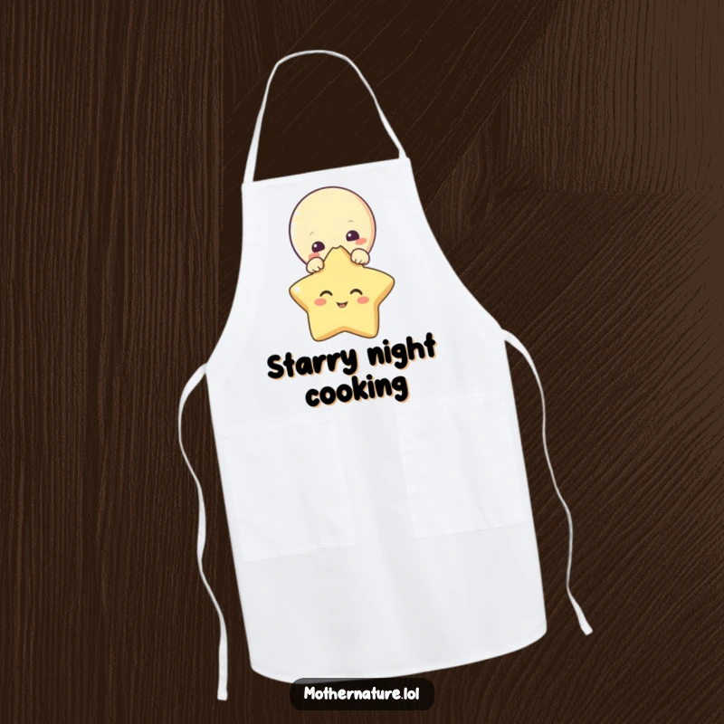 Funny apron with a curious moon character and a giggling star. Great for kitchen adventures.