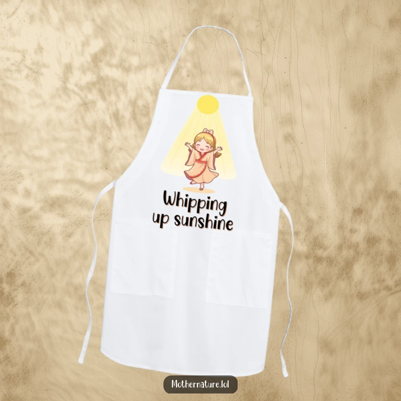 Funny Mother Nature apron showing a happy character dancing amidst golden sunlight, perfect for a cheerful kitchen.