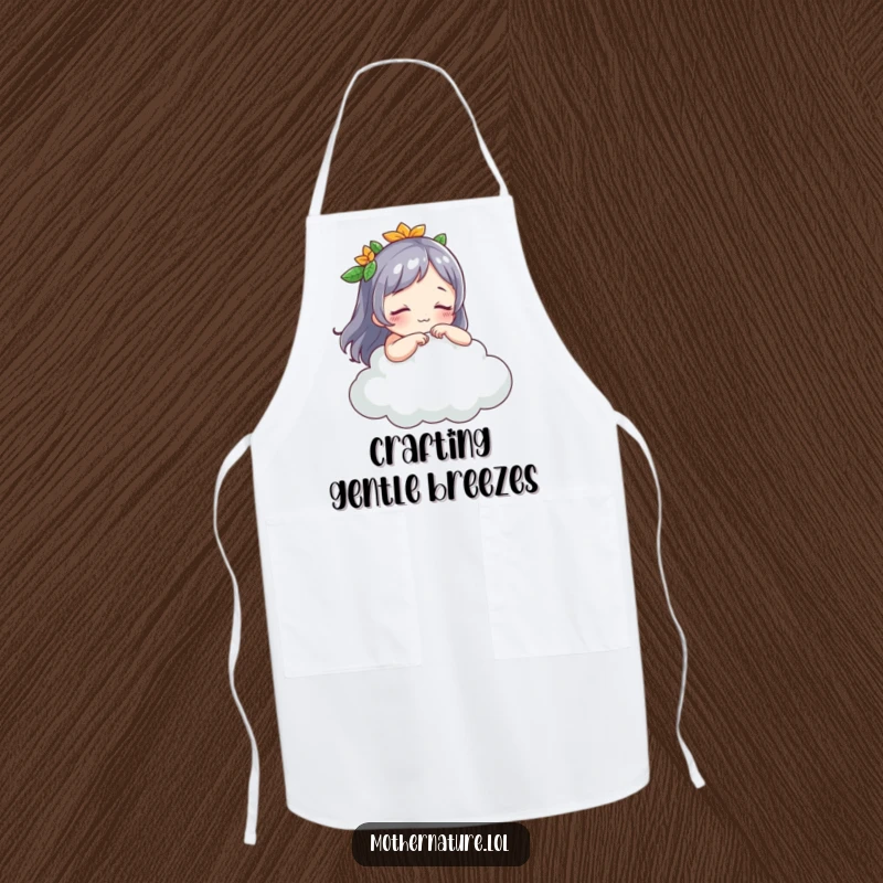 Funny Mother Nature apron, playful character tickling a sleeping cloud, perfect for kitchen fun, a great funny gift.