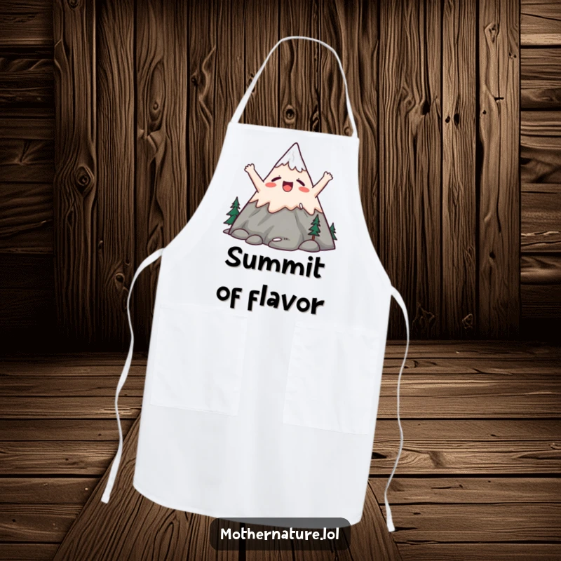 Funny apron illustrating a cute mountain character stretching its peaks upwards with a big, satisfied yawn.