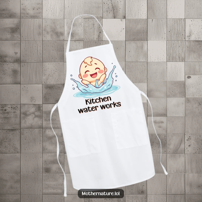 Funny river character apron, smiling and playfully splashing with a delighted expression, a humorous and practical kitchen accessory.