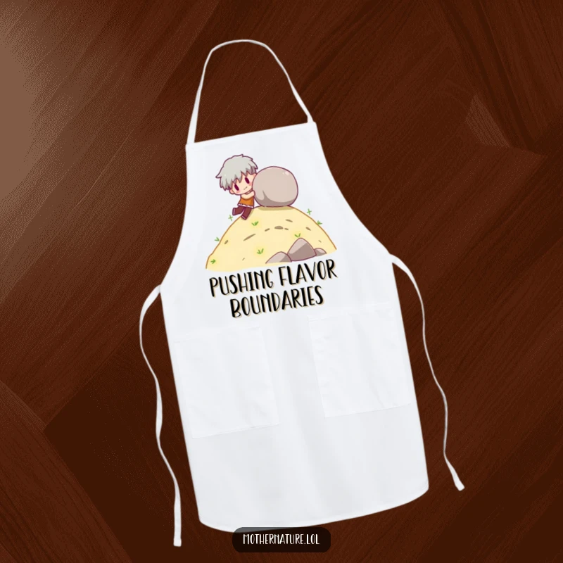 Funny kitchen apron with a character playfully pushing a rolling boulder down a gentle hill.