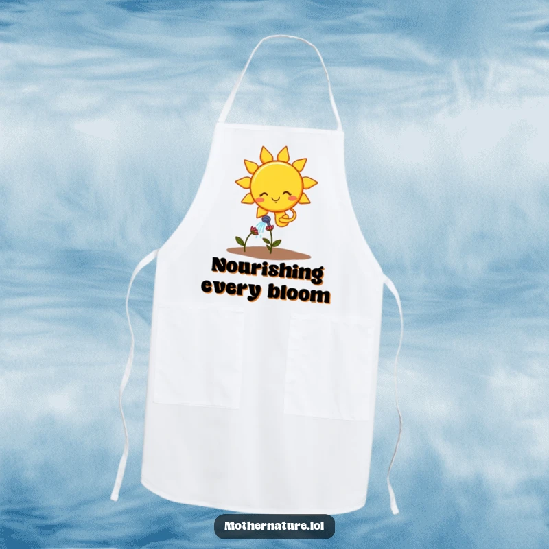 Funny apron showing a smiling sun character watering a weak flower, great for chefs and gardeners.