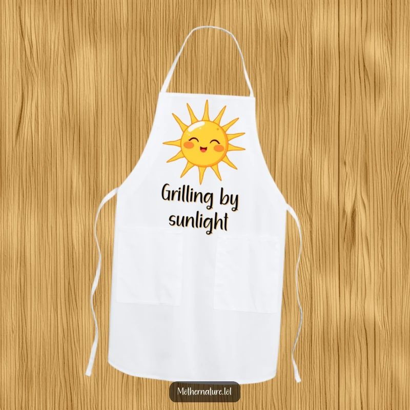 Funny apron illustrating a cheerful sun character giving a wink while showering the scene with warm, golden beams of light.