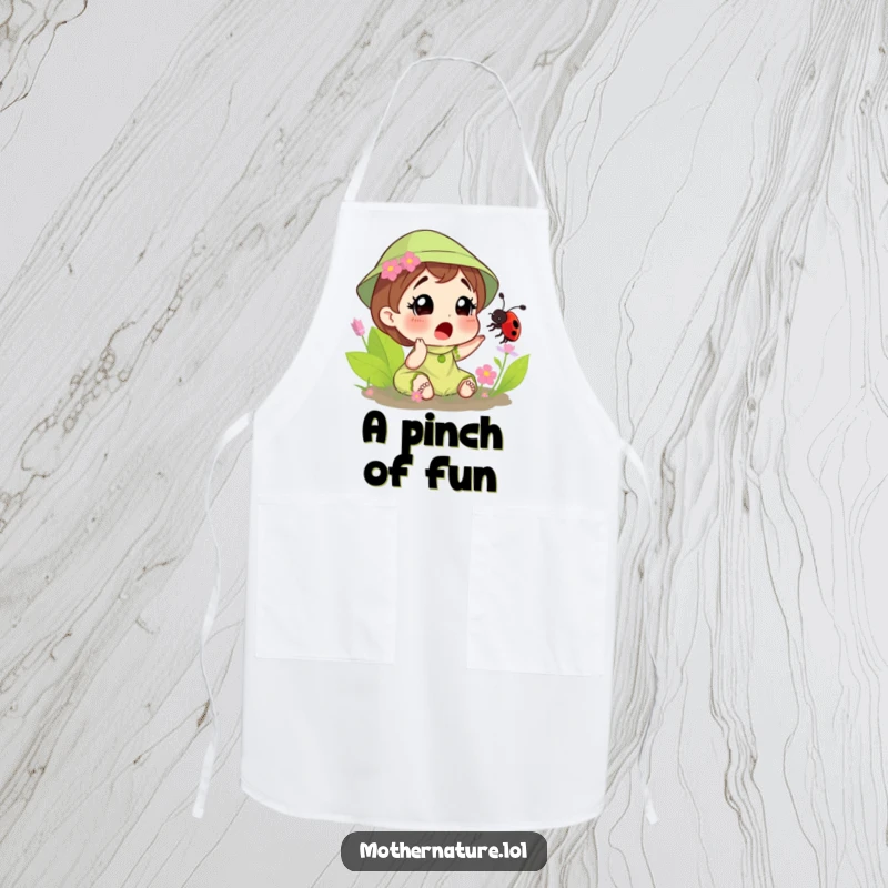 Funny apron with Mother Nature looking surprised as a ladybug tickles her, perfect for kitchen or garden tasks with a humorous twist.