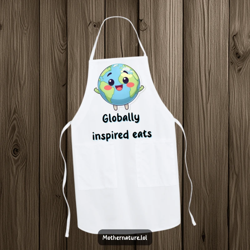 Funny apron with a happily bouncing Earth globe character, ready for culinary adventures. Durable and humorous.