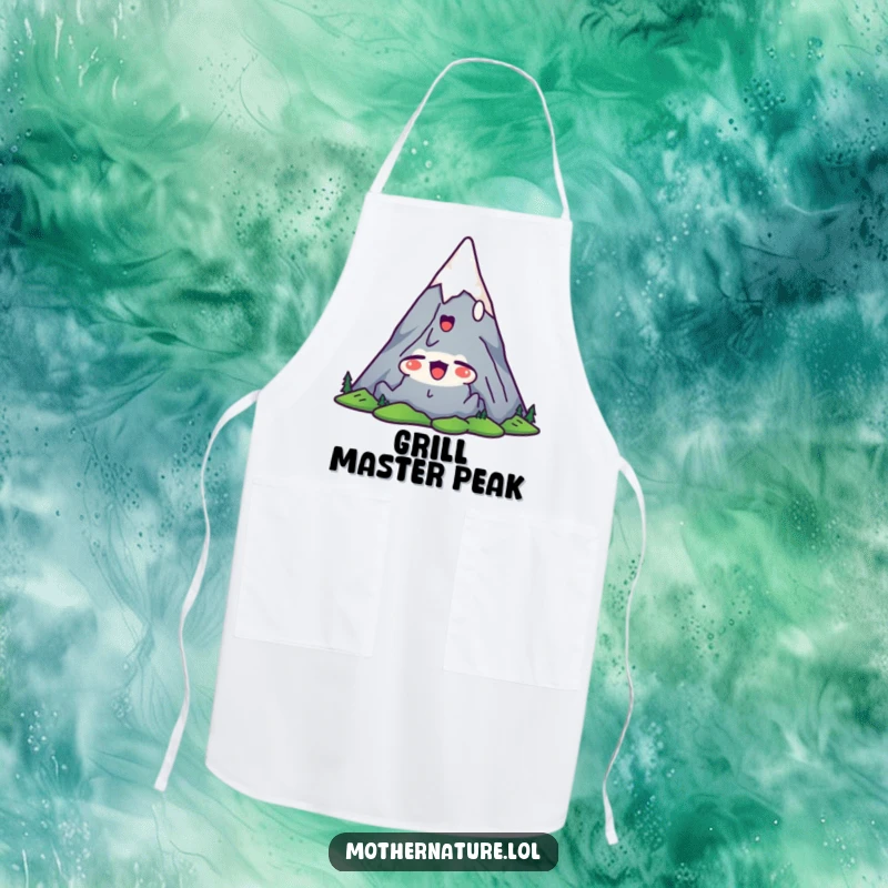 Funny mountain peak apron with a cute character stretching its peaks upwards with a satisfied yawn, perfect for relaxed kitchen activities.