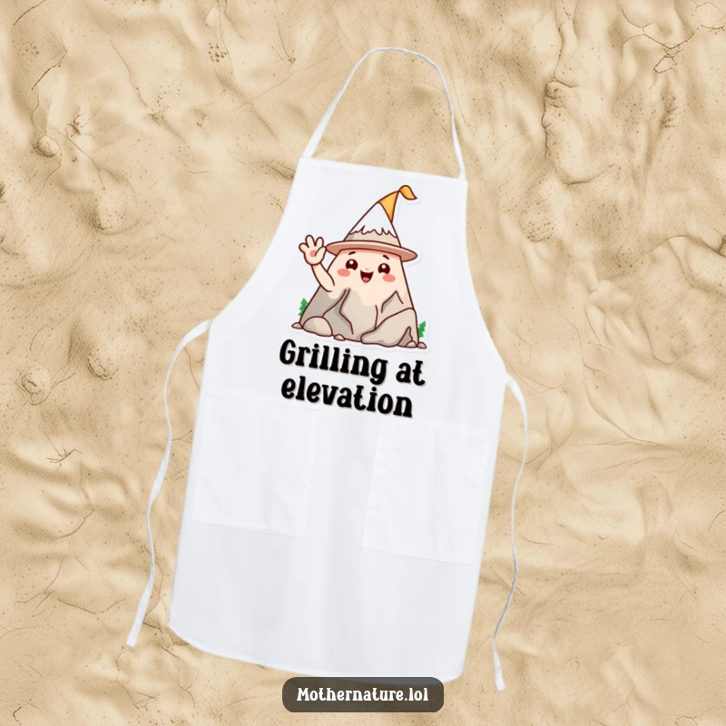 Funny mountain range character apron, wearing a silly hat and waving, a humorous and practical kitchen accessory.