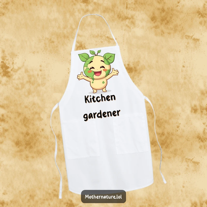 Funny apron showcasing a smiling Earth character with leafy arms outstretched, radiating joyous surprise, perfect for a cheerful kitchen.