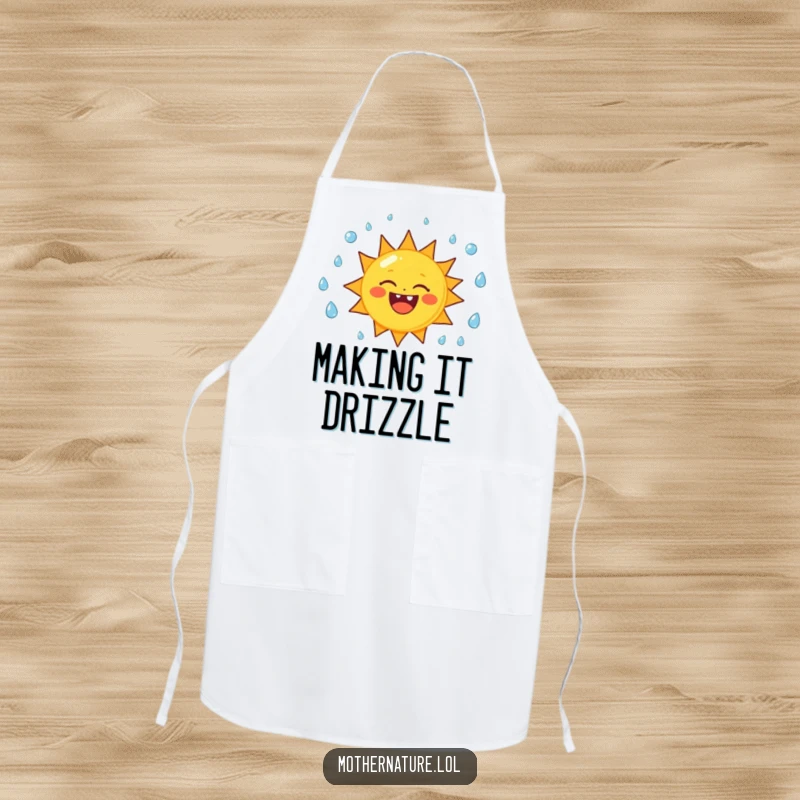 Funny sun character apron, joyfully juggling raindrops while cooking, a humorous and practical kitchen accessory.