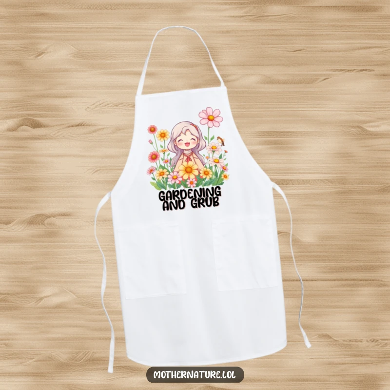 Mother Nature Apron: Smiling character amidst oversized wildflowers, perfect for cooking or gardening. A beautiful and practical gift.
