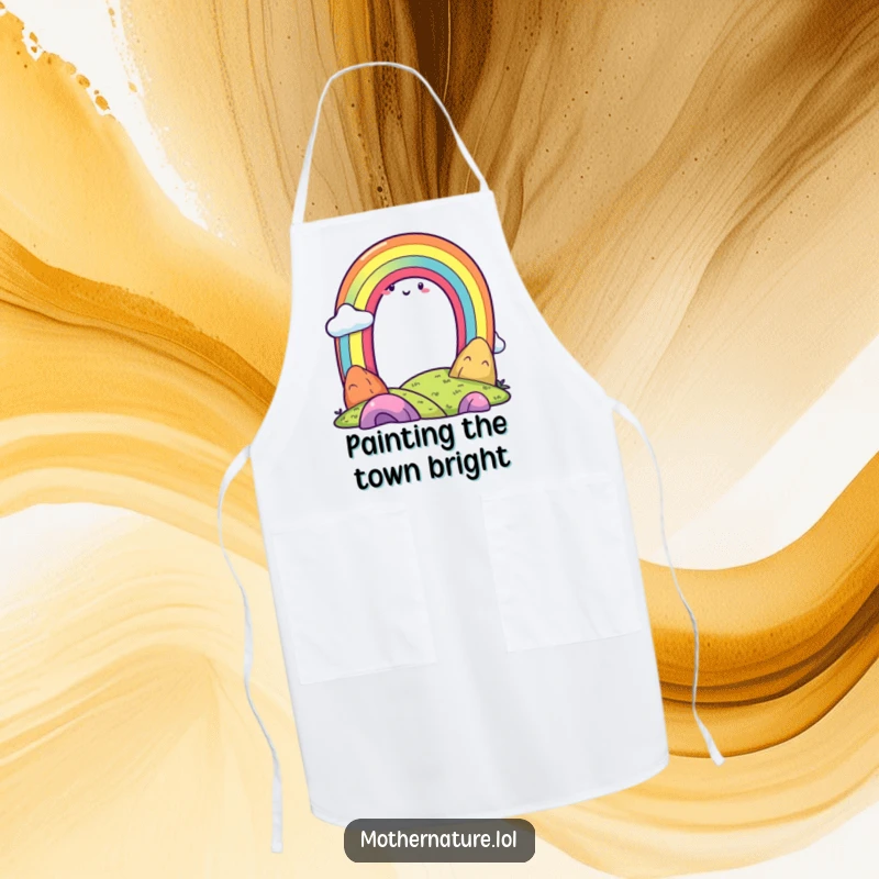 Funny rainbow character and smiling landscape design on a practical apron, perfect for cheerful cooking.