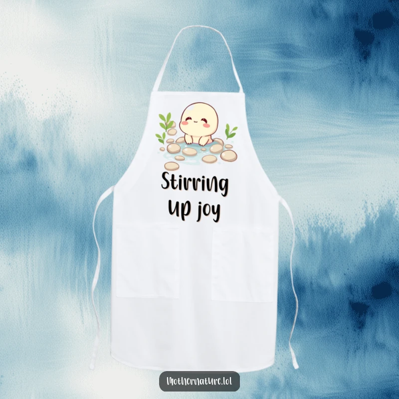 Funny apron with a happy, giggling brook character flowing over smooth pebbles, ready to add a refreshing splash of fun to cooking.