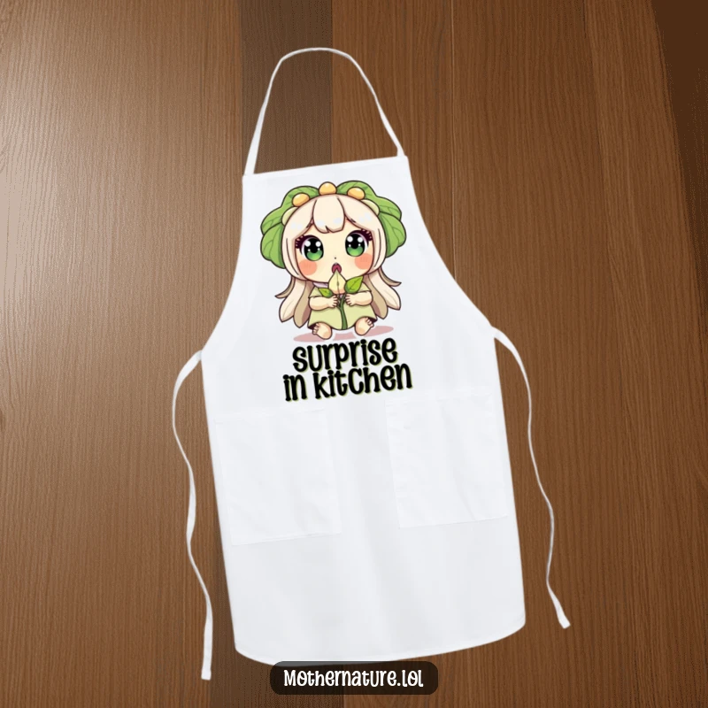 Funny apron design of Mother Nature with wide eyes, surprised, holding a sprouting seed, symbolizing new life.