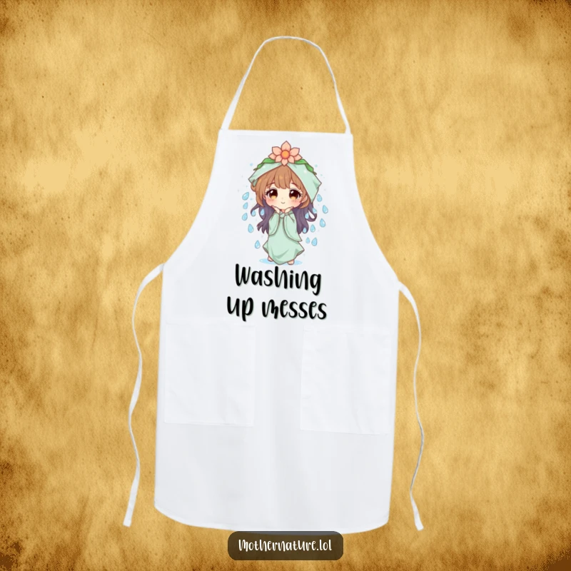 Mother Nature Apron: Character creating sparkling dew drops, symbolizing freshness in the kitchen. A beautiful and practical gift.