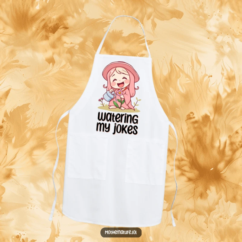 Funny apron design of Mother Nature laughing while watering a tiny, giggling flower, symbolizing happy gardening.