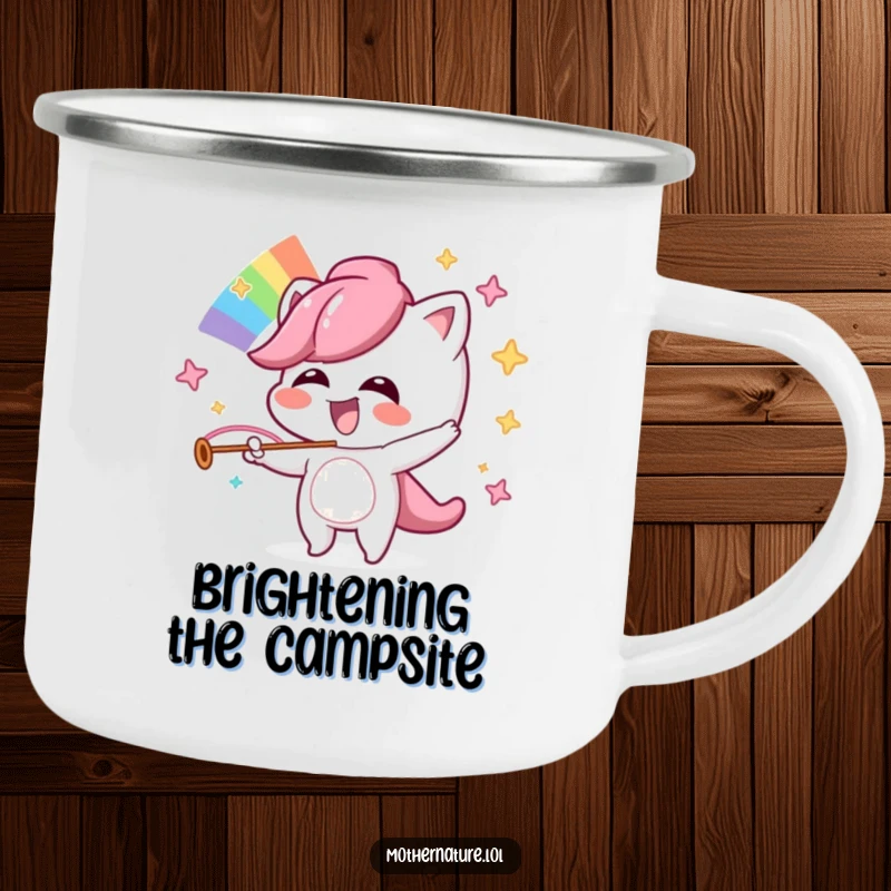 Funny camping mug with a mischievous character giggling while orchestrating a rainbow.
