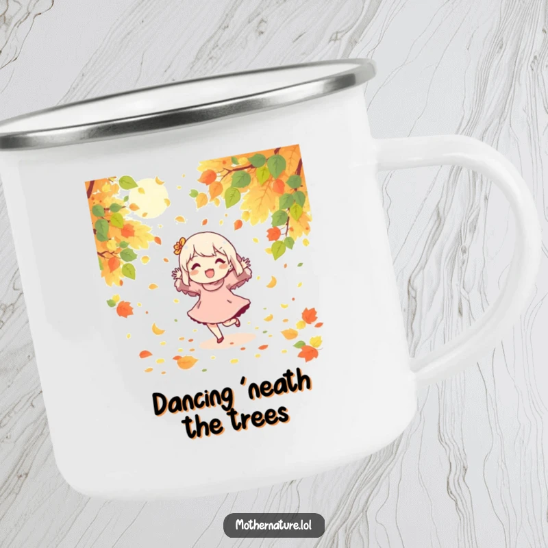 Funny camping mug with a character joyfully dancing amidst falling leaves and sunshine.