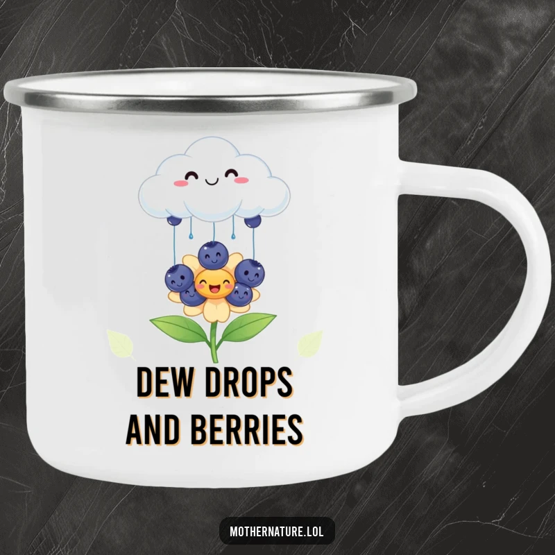 Funny cheerful cloud camping mug, raining smiling blueberries onto a happy flower, durable outdoor drinkware, joyful gift.
