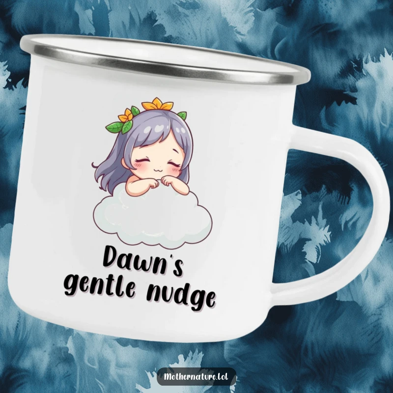 Funny Mother Nature camping mug, playful character tickling a sleeping cloud, durable outdoor wear, perfect funny gift for adventurers.