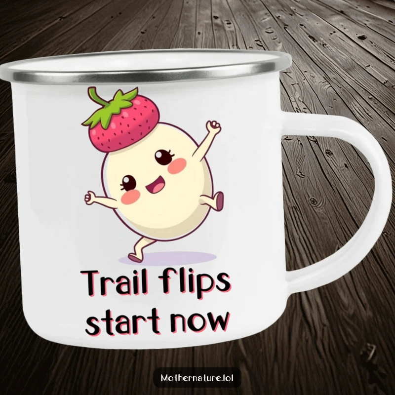 Funny camping mug featuring a determined plump berry performing a cartwheel, ideal for outdoor enthusiasts who love a good laugh.