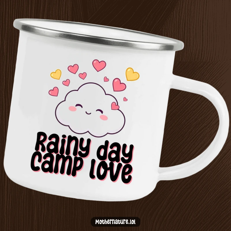 Funny Camping Mug showing a tiny, cute cloud character giggling while raining colorful hearts, for outdoor fun and adorable enjoyment.