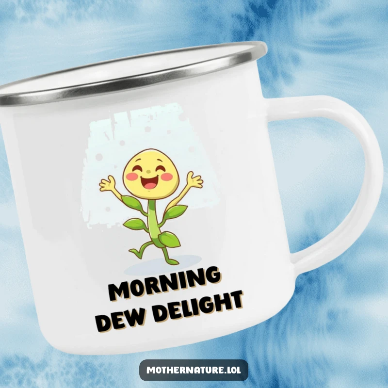 Funny camping mug showcasing a cheerful plant character dancing with joy in a light rain shower, perfect for outdoor enthusiasts.