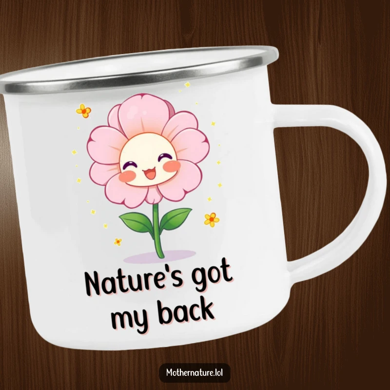 Funny camping mug showcasing a cheerful flower character blooming vibrantly and showering tiny pollen sparkles, ready for any outdoor escapade.