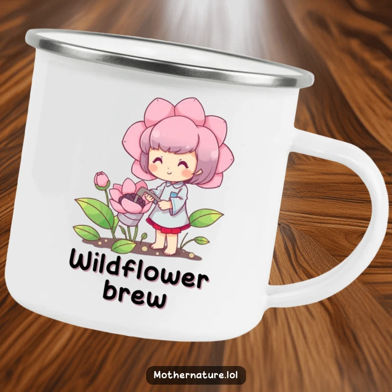 Funny camping mug with a cute character happily watering a blooming oversized flower, humorous outdoor drinkware.