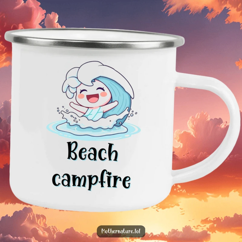 Funny Camping Mug of a happy wave character laughing and splashing playfully onto a shore, perfect for outdoor enjoyment.
