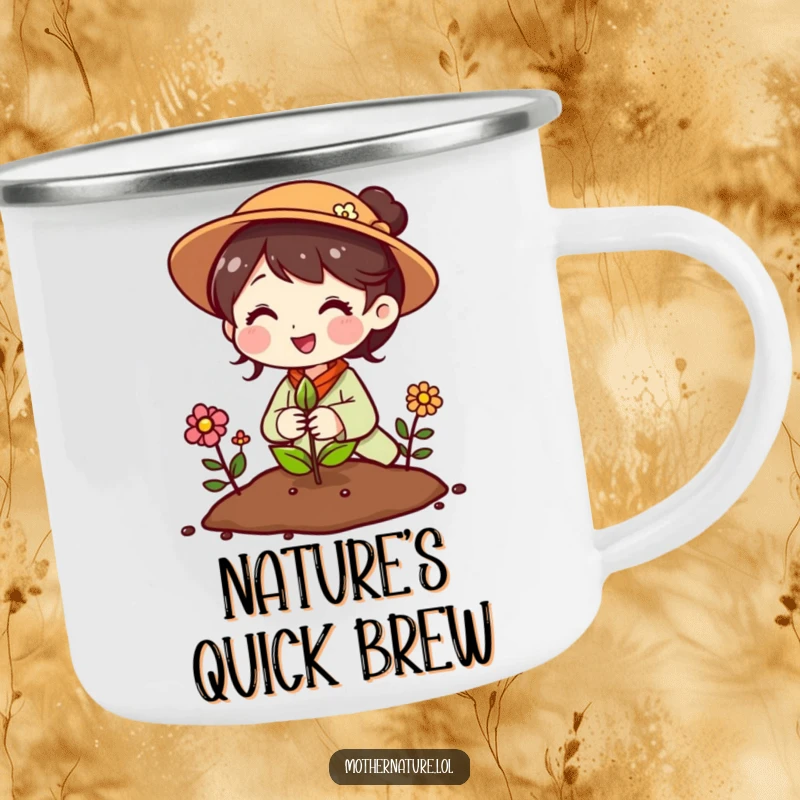 Funny Mother Nature camping mug with a cheerful character planting a seed that instantly sprouts into beautiful flowers.