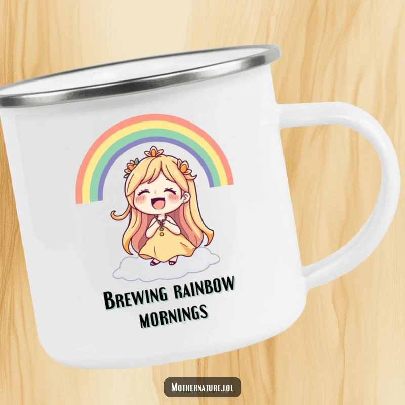 Funny Mother Nature camping mug with a laughing character surrounded by a vibrant rainbow, designed for joyous adventures.