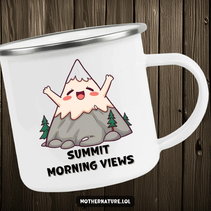Funny camping mug showing a cute mountain character stretching its peaks upwards in a huge, satisfied yawn.