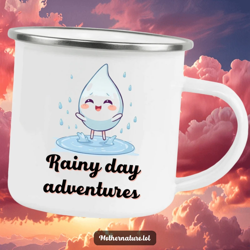 Funny camping mug with a playful raindrop character splashing into a puddle. Durable and humorous for outdoor use.