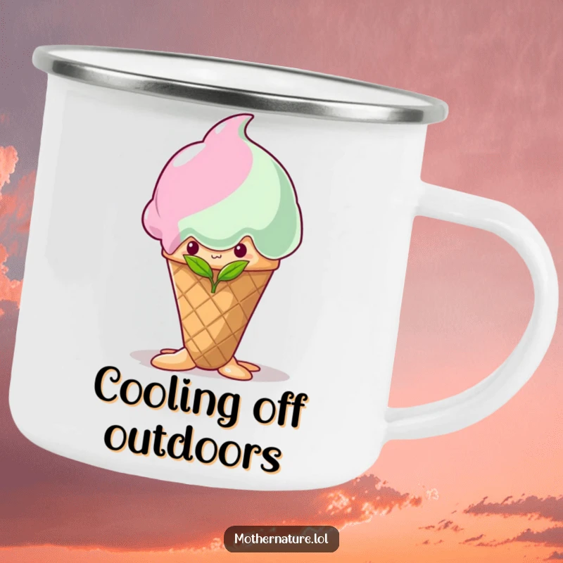 Funny shy sprout camping mug, peeking from behind a melting ice cream cone, durable outdoor drinkware, sweet gift.