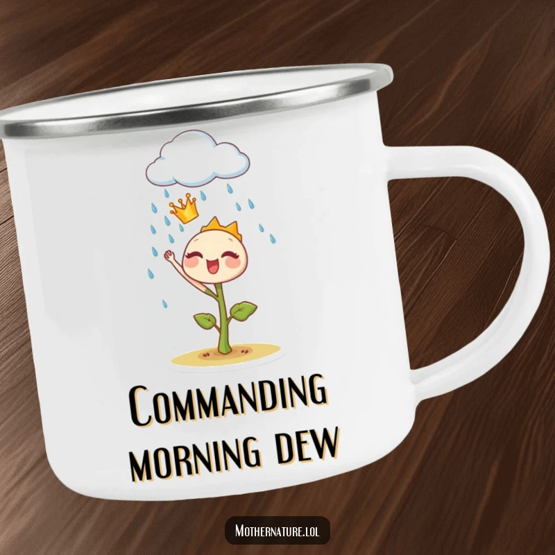 Funny sprout crown camping mug, showing a tiny plant ruler joyfully commanding a rain cloud, ready for any outdoor adventure.