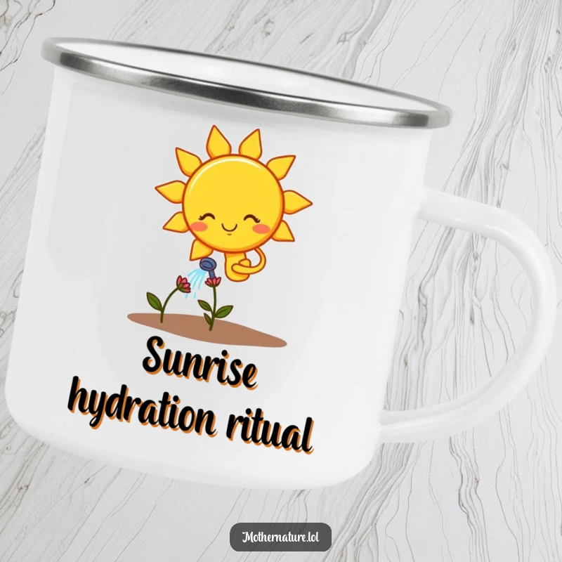 Funny camping mug with a smiling sun character watering a wilting flower, ideal for outdoor trips.